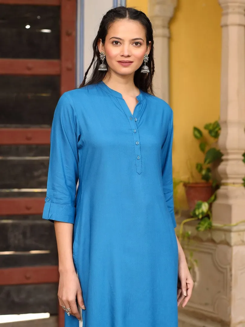 Women Solid Blue Modal Rayon Straight Kurta