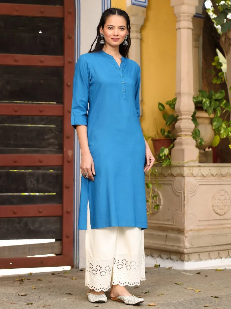 Women Solid Blue Modal Rayon Straight Kurta