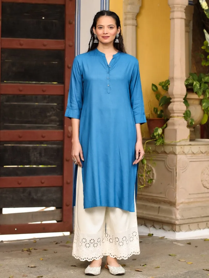 Women Solid Blue Modal Rayon Straight Kurta