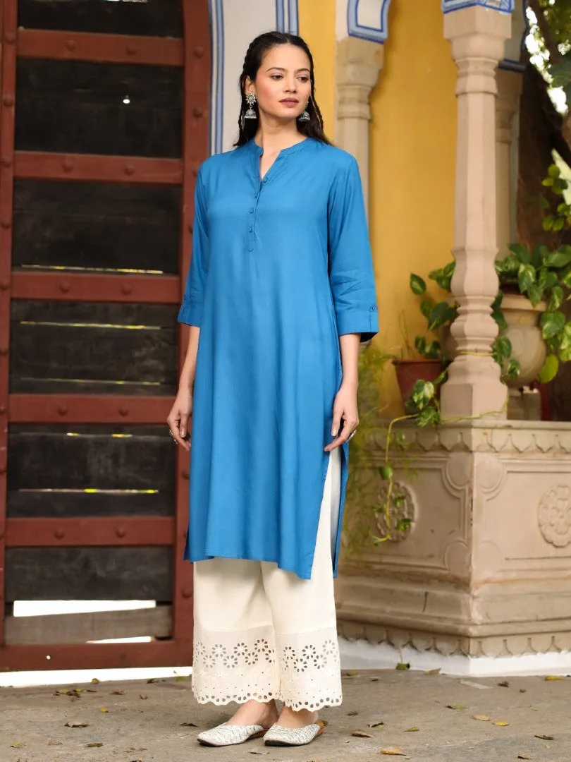 Women Solid Blue Modal Rayon Straight Kurta