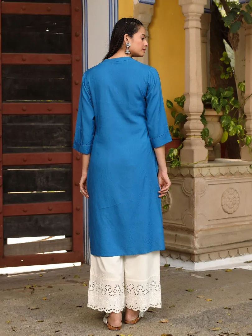 Women Solid Blue Modal Rayon Straight Kurta