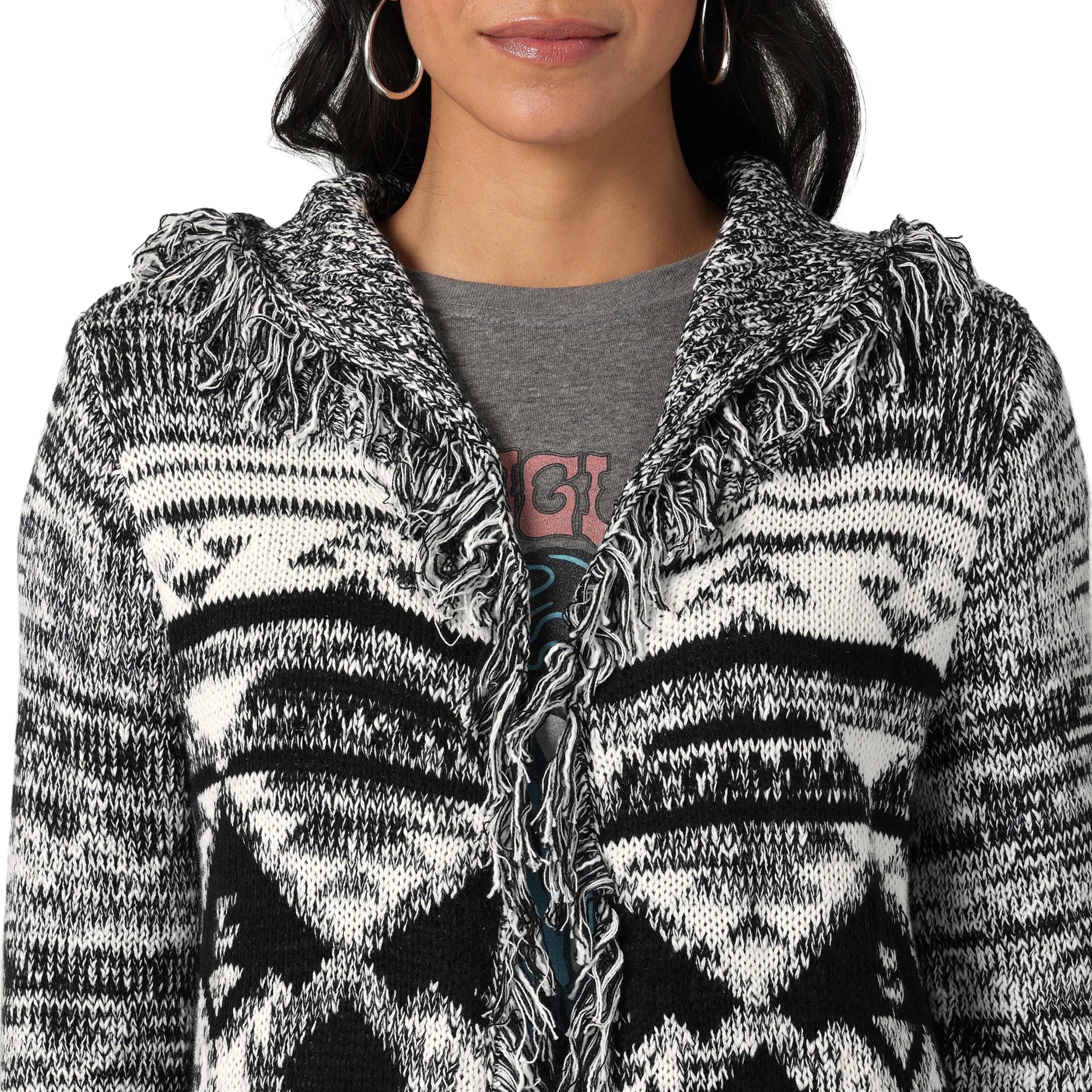 Wrangler Women's Black & White Southwestern Pattern Hooded Sweater Cardigan with Fringe Trim