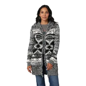 Wrangler Women's Black & White Southwestern Pattern Hooded Sweater Cardigan with Fringe Trim