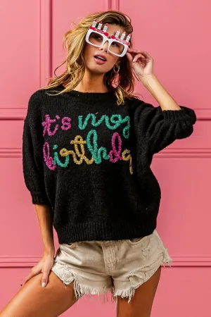 zBiBi Metallic Letter Puff Sleeve Hairy Sweater