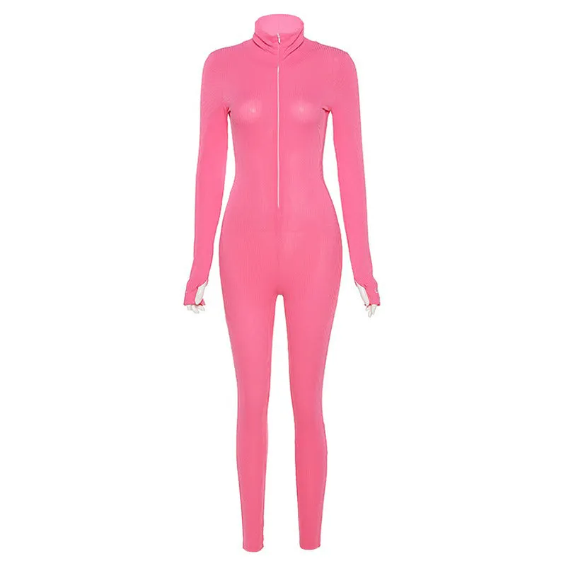 Zipper Turtleneck Jumpsuit Women Full Sleeve Slim Rompers Body Suit